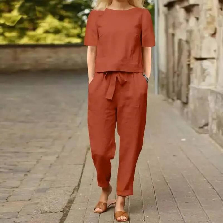 Women's elegant vintage two-piece summer set in a comfy cotton blend, perfect for casual spring & summer wear.