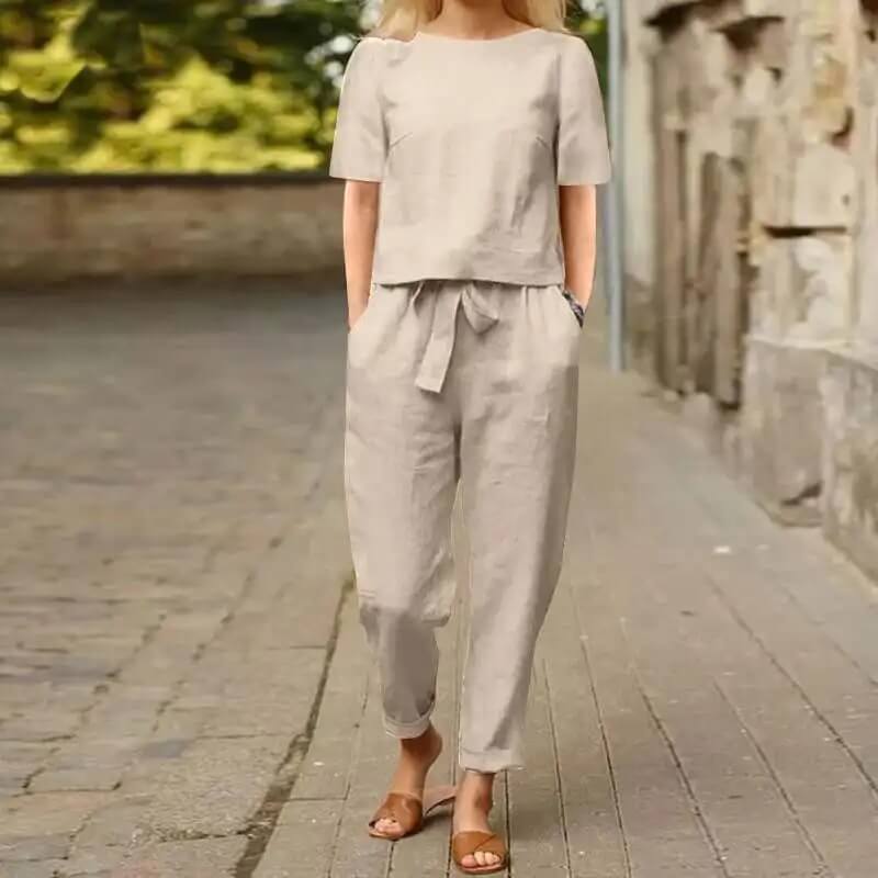 Stylish women's vintage matching two-piece set for summer, featuring a cotton blend for elegant loungewear comfort.