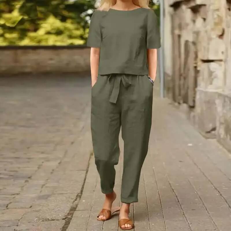 Chic women's vintage style two-piece summer outfit. Comfortable cotton blend for elegant casual wear & spring fashion.