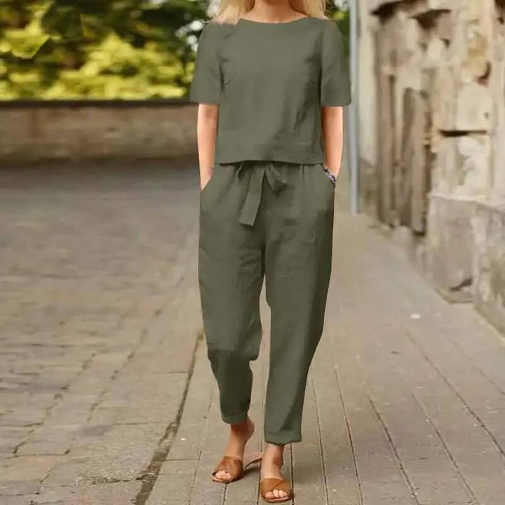 Chic women's vintage style two-piece summer outfit. Comfortable cotton blend for elegant casual wear & spring fashion.