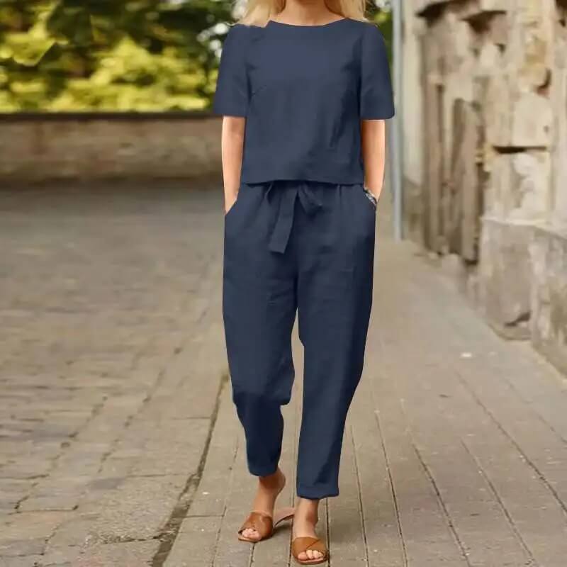 Elegant women's vintage two-piece summer set. A versatile cotton blend outfit, ideal for casual loungewear & spring.