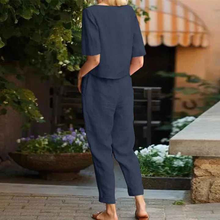 Women's elegant vintage cotton blend two-piece set, a stylish summer outfit perfect for casual or loungewear comfort.