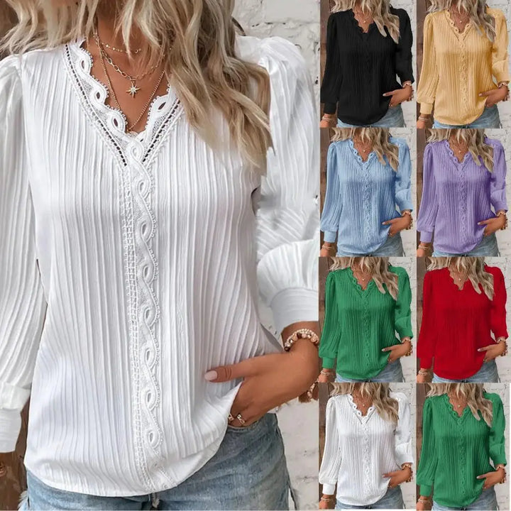 Stylish women's lace blouse with puff sleeves, an elegant top for dressy or casual spring/summer looks.