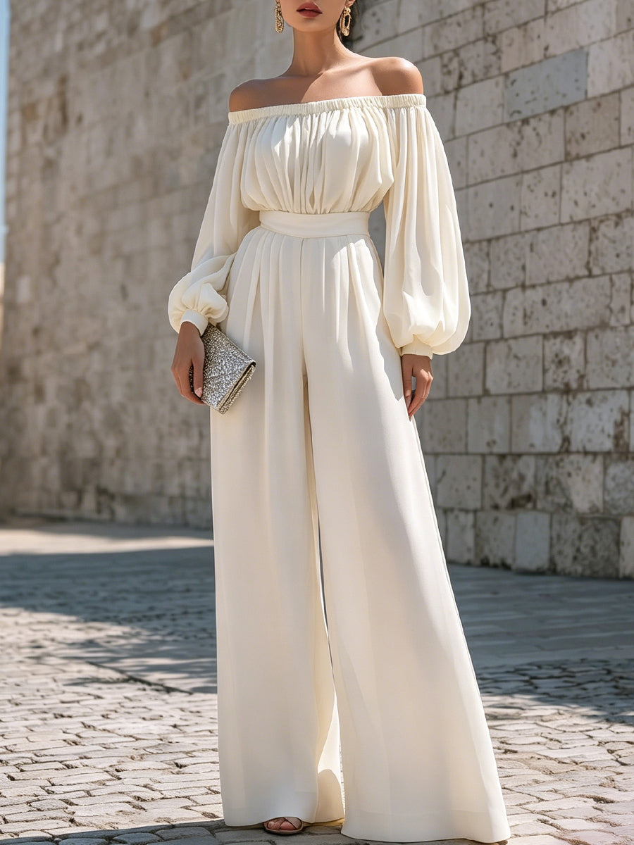 Women's elegant white off-shoulder maxi dress with flowing bishop sleeves, perfect for formal occasions.