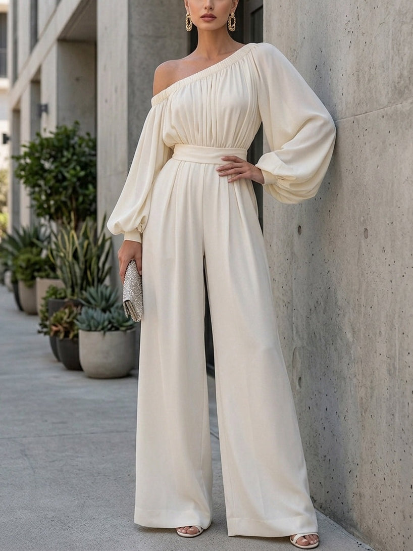 Stylish women's white off-shoulder maxi dress with bishop sleeves, a sophisticated choice for formal events.