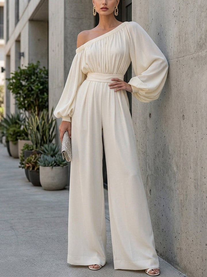 Stylish women's white off-shoulder maxi dress with bishop sleeves, a sophisticated choice for formal events.