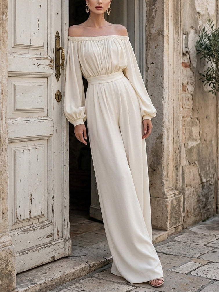 Versatile white off-shoulder maxi dress with elegant bishop sleeves, suitable for various formal occasions.
