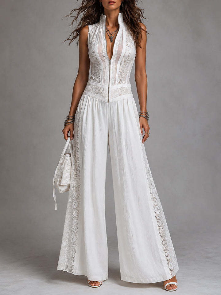 Women's elegant white V-neck wide-leg jumpsuit, perfect for parties & special occasions.