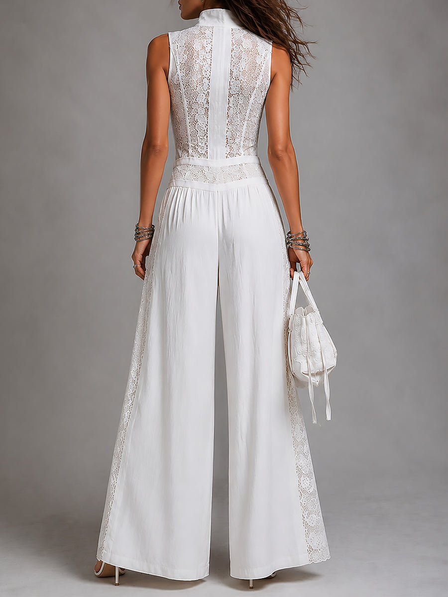 Chic women's white V-neck wide-leg palazzo jumpsuit, ideal for summer fashion & elegant events.