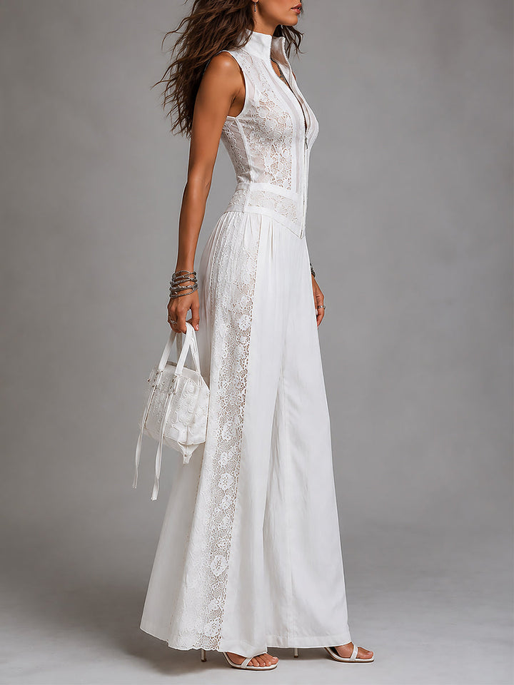 Stylish women's white V-neck wide-leg jumpsuit, a comfortable choice for parties & summer events.