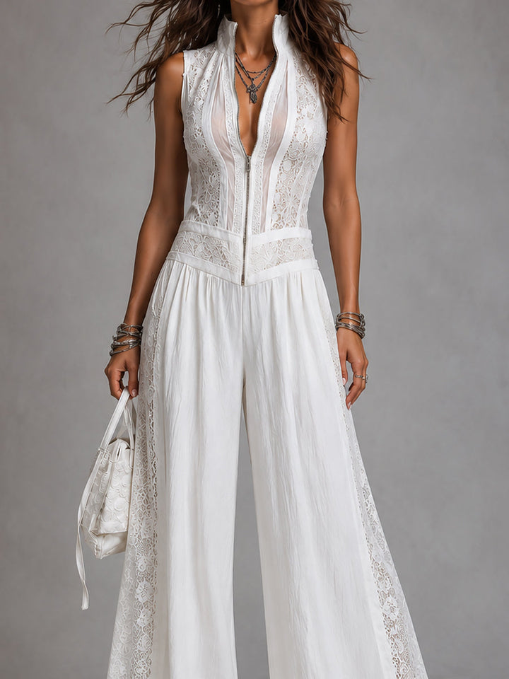 Sophisticated women's white V-neck wide-leg jumpsuit, showcasing elegant summer fashion.