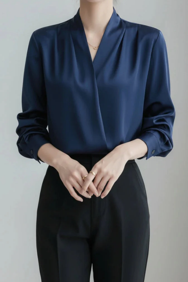 Stylish women's wrap top for versatile fashion. Elegant long sleeve blouse suitable for smart casual & office wear.
