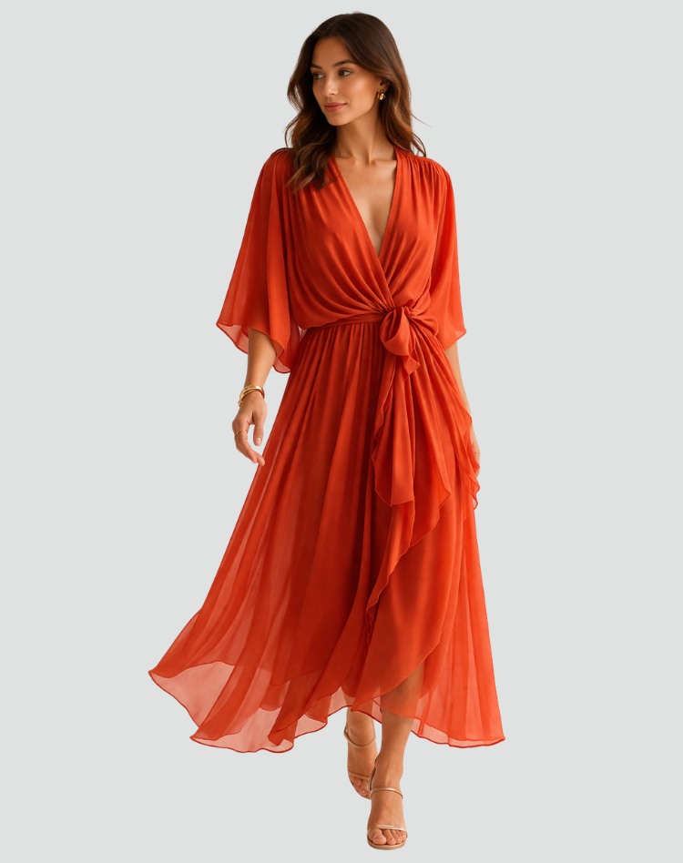 Women's elegant wrap neckline midi dress with tie waist, perfect for special occasions.