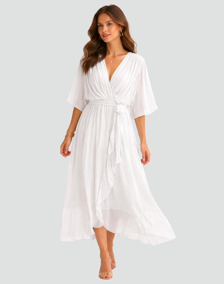 Beautiful women's elegant midi wrap dress with a stylish tie waist and v-neckline, versatile.