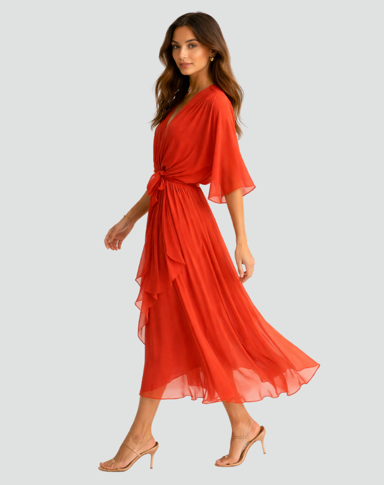 Women's party-ready midi wrap dress, elegant v-neck, chic tie waist design, ideal for celebrations.