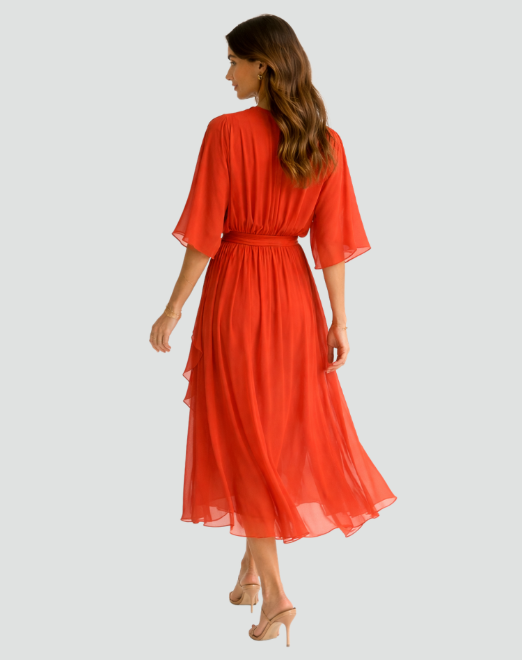 Classic women's elegant midi wrap dress with a tie waist, v-neck, and flowing design for versatility.