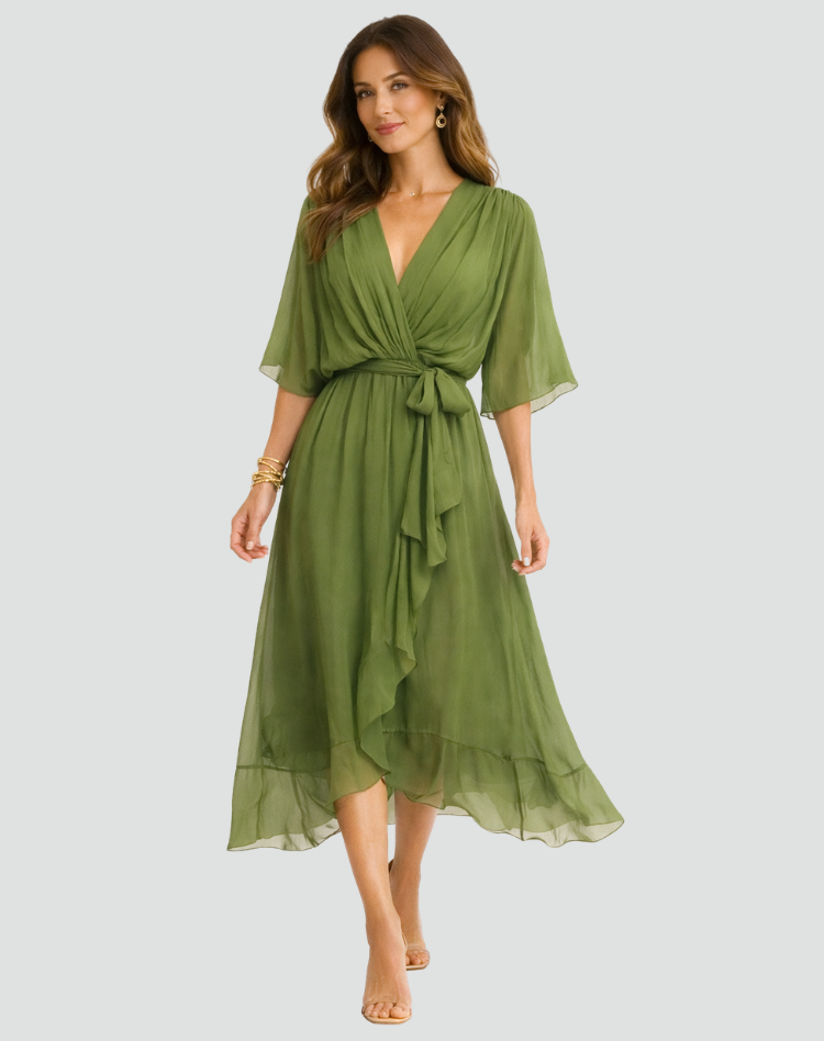 Flowing v-neck women's wrap midi dress with tie waist, ideal for summer parties and events.