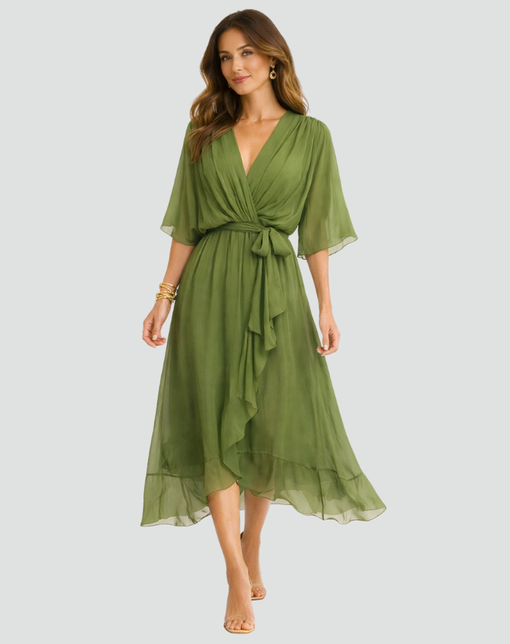 Flowing v-neck women's wrap midi dress with tie waist, ideal for summer parties and events.