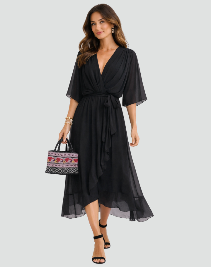 Versatile women's elegant midi wrap dress featuring a tie waist, suitable for parties & special occasions.