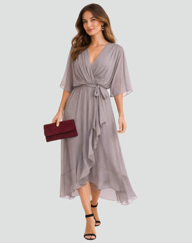Stylish women's wrap midi dress with v-neck and tie waist, perfect elegant wear for parties.