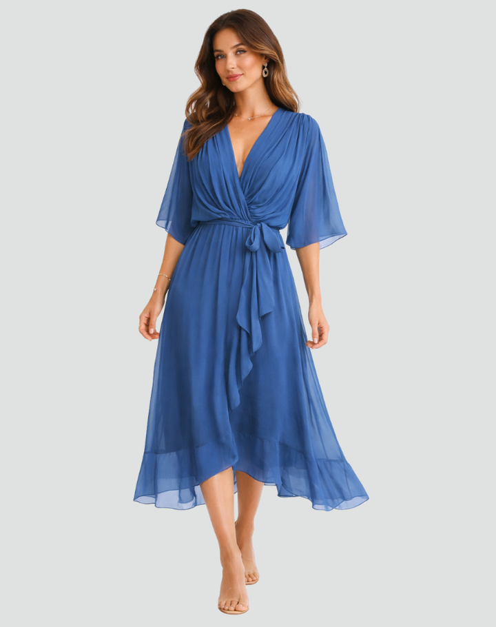 Comfortable flowing women's wrap midi dress with tie waist, excellent for summer parties and events.
