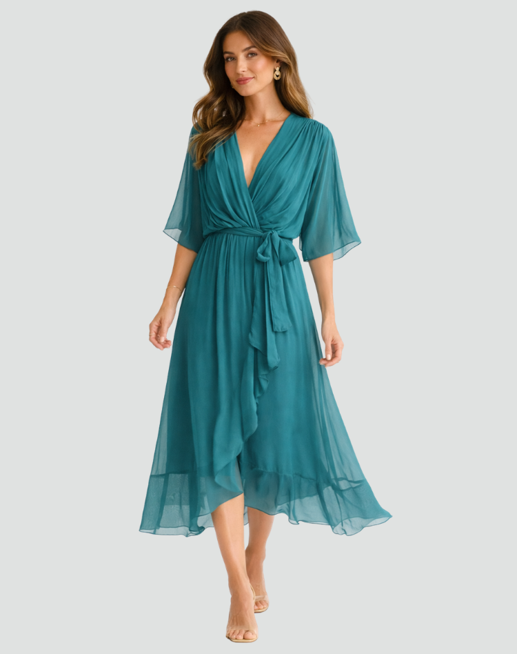 Elegant women's v-neck midi wrap dress with tie waist, perfect for special occasions & party wear.