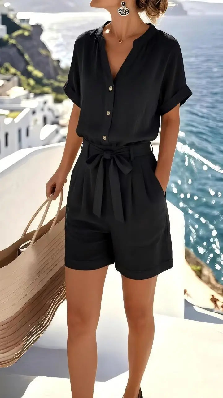 Effortless summer playsuit for women, the Elowen tie-front romper offers chic and comfortable casual wear.