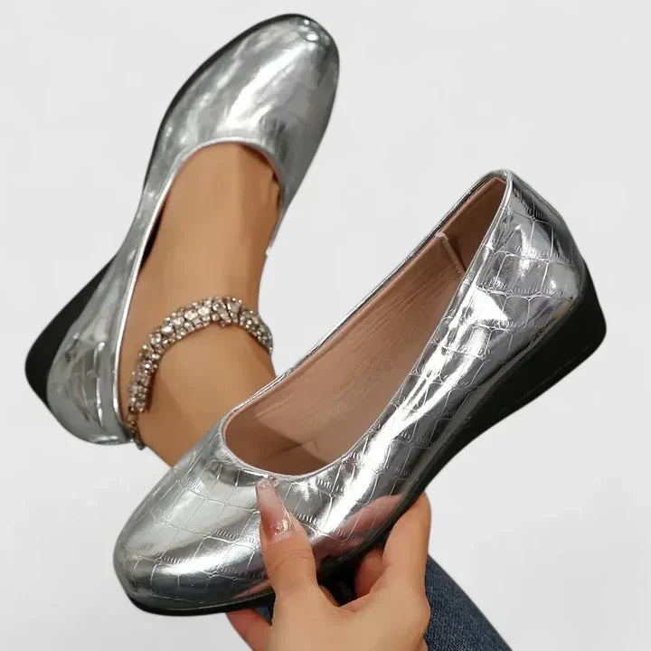 Stylish women's wedge loafers featuring an embossed texture & square toe. Comfortable slip-on for versatile fashion.