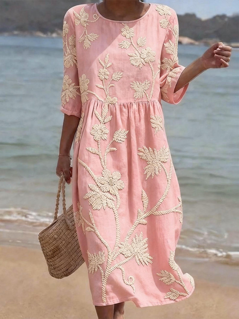 Elegant floral embroidered midi dress for women, featuring three-quarter sleeves & a relaxed spring/summer fit.