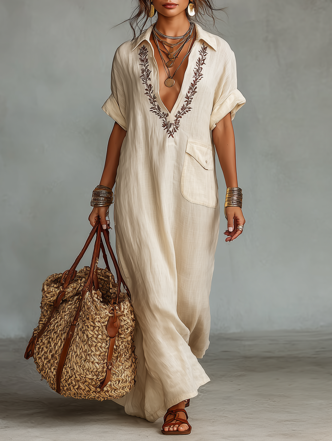 Women's embroidered short sleeve maxi shirt dress. Elegant summer style, loose fit.
