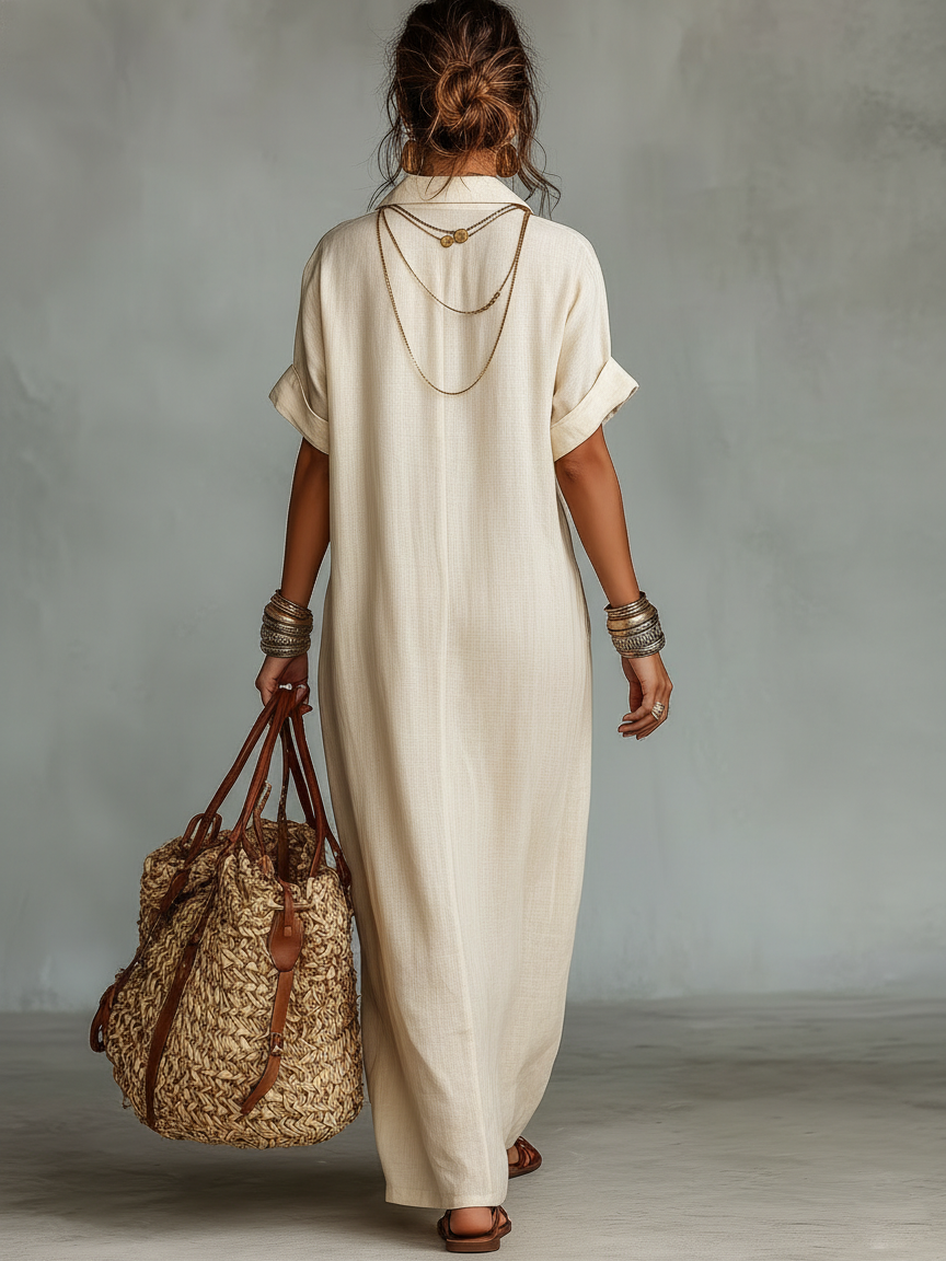 Casual women's embroidered maxi dress, flowy fit. Ideal for summer vacations & spring fashion.