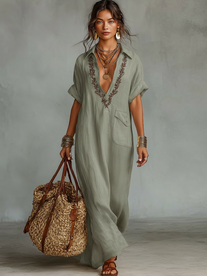 Chic women's embroidered maxi shirt dress, short sleeves. Elegant, flowy, and perfect for everyday style.