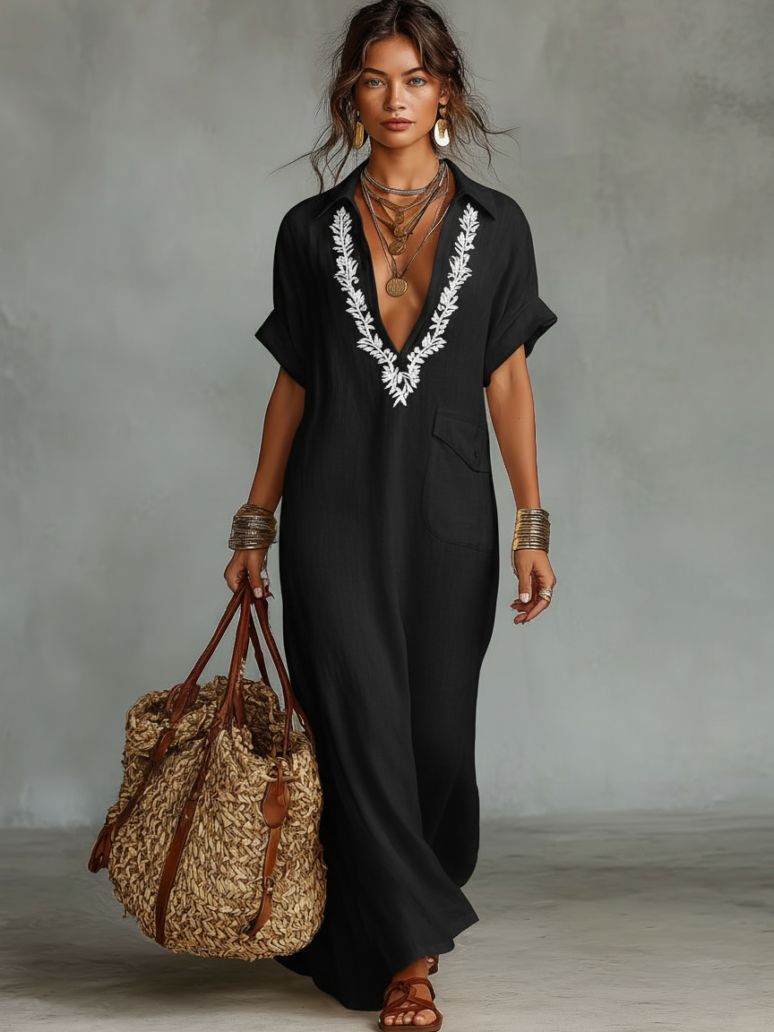 Women's loose fit embroidered maxi dress with short sleeves. Comfortable spring/summer casual wear.