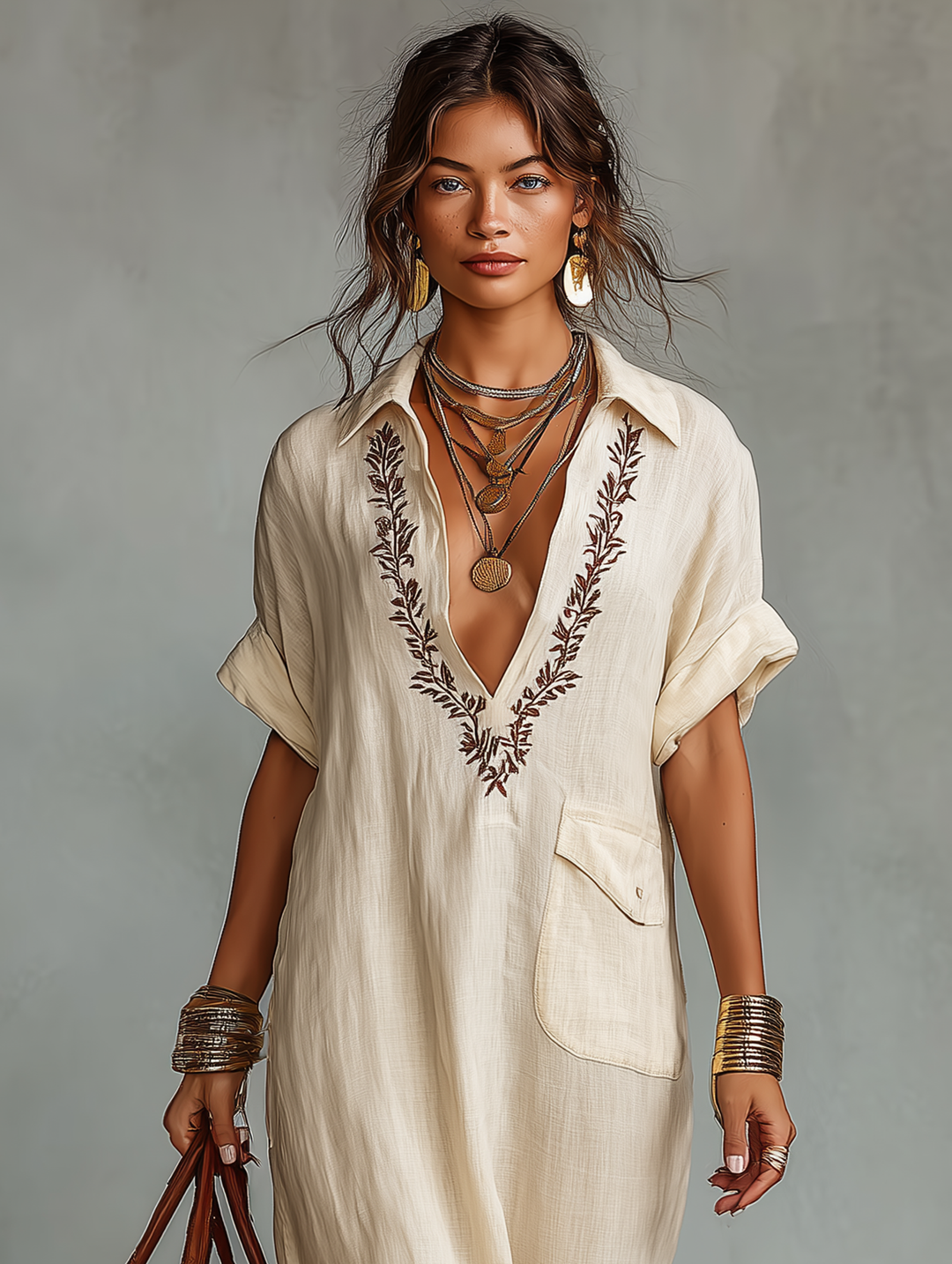 Versatile women's embroidered shirt maxi dress. Chic, casual, and flowy for spring/summer fashion.