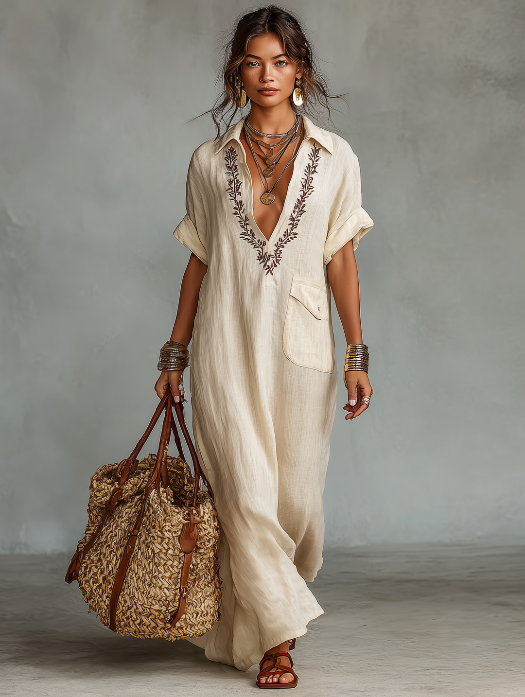 Women's embroidered shirt maxi dress, short sleeves. Elegant, loose fit for vacation or everyday chic.