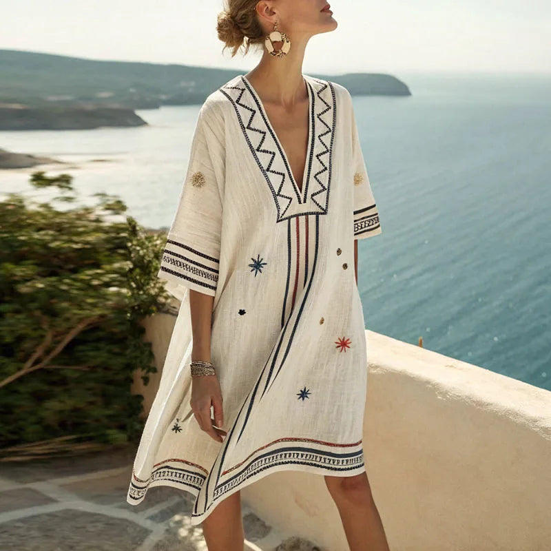 Women's embroidered V-neck kimono beach dress, relaxed fit, bohemian summer resort wear & cover-up.