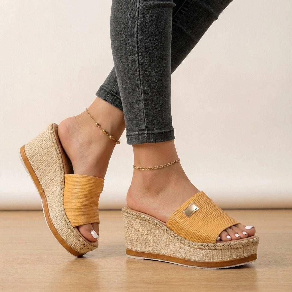 Comfortable women's textured strap espadrille wedge sandals, a fashionable choice for warm weather & casual wear.