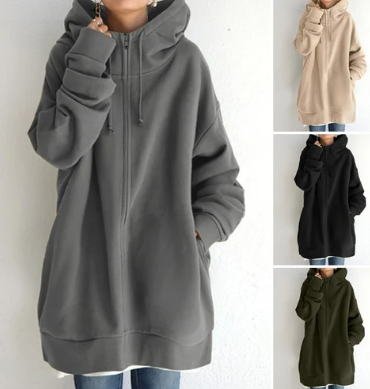 Cozy grey hooded sweatshirt for women. Relaxed fit full zip, ideal for fall & winter comfort.