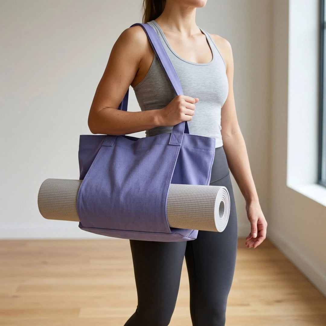 Women's Everyday Yoga Tote Bag with Mat Holder. Perfect gym & fitness canvas shoulder bag for active lifestyles.
