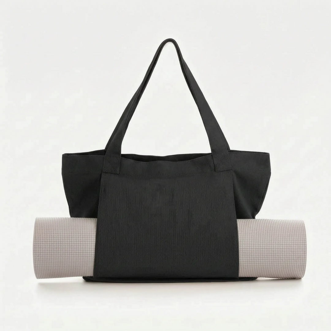 Women's daily yoga tote bag with mat holder. A practical and stylish canvas shoulder bag for active women.
