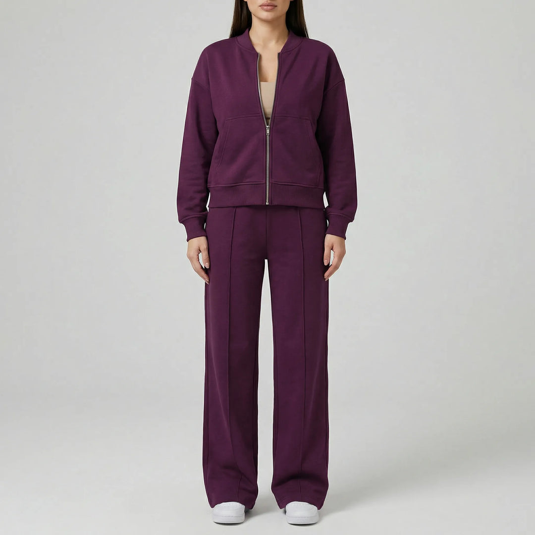 Effortless women's two-piece straight leg pants and jacket set, offering timeless comfort & style.