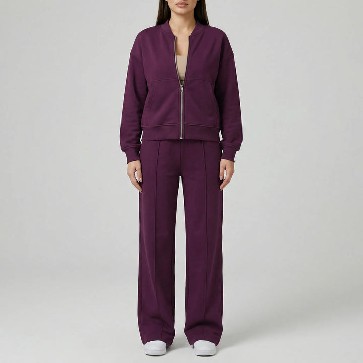 Effortless women's two-piece straight leg pants and jacket set, offering timeless comfort & style.