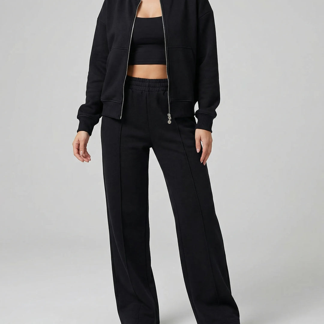 Chic spring outfit: women's regular fit straight leg pants set in a coordinated, elegant style.