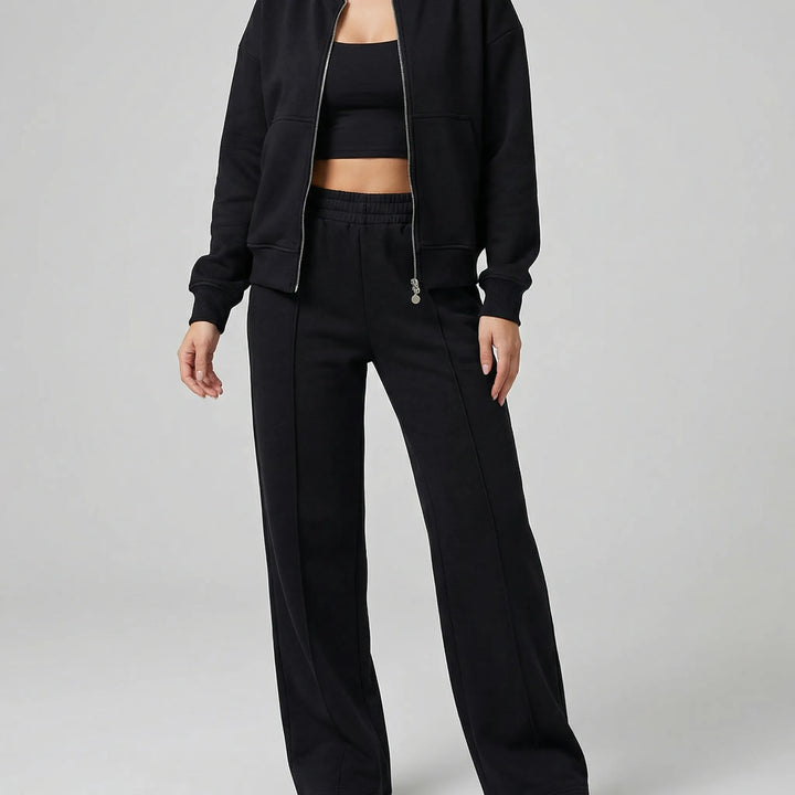 Chic spring outfit: women's regular fit straight leg pants set in a coordinated, elegant style.