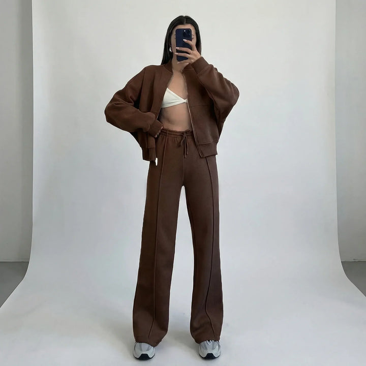 Cozy fall/winter women's straight leg trousers & jacket set, ideal for sophisticated layering.