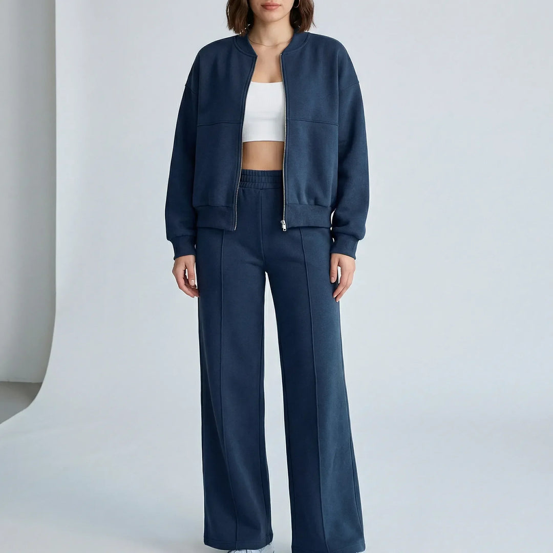 Casual elegant women's two-piece straight leg pants and jacket set, a perfect coordinated outfit.