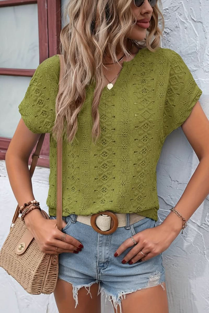 Comfortable women's eyelet tee, short sleeve, with a stylish notched neckline, great for everyday summer fashion.