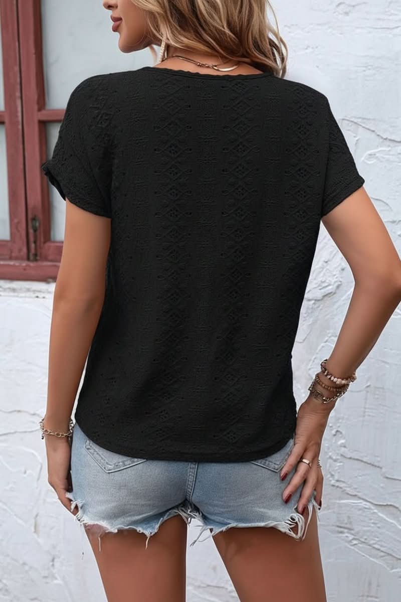 Everyday women's short sleeve top, featuring beautiful eyelet details and a flattering notched neckline.