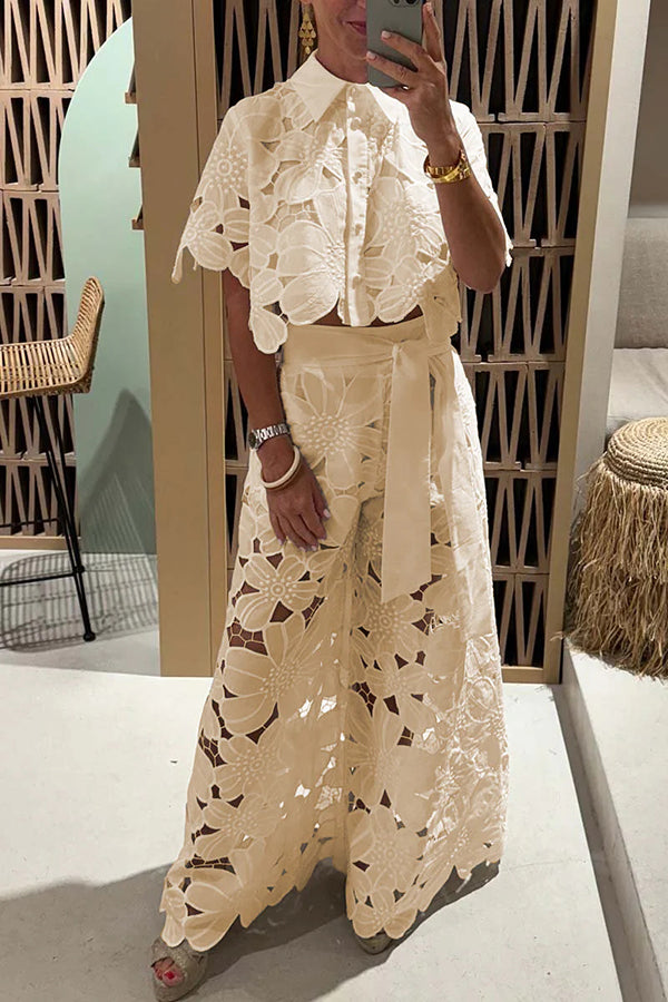 Women's eyelet ruffle sleeve two-piece set, an elegant matching outfit for summer brunch, garden parties & resort wear.