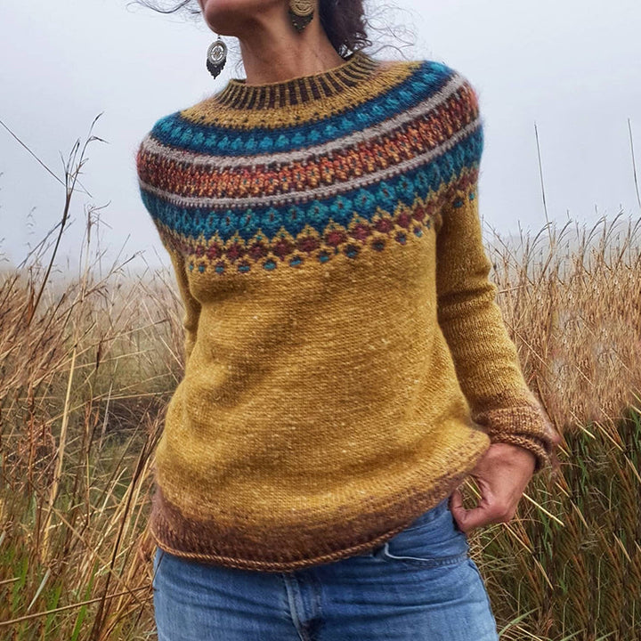Women's Fair Isle crew neck sweater, cozy knit with Nordic pattern. Perfect for winter fashion & casual relaxed fit.